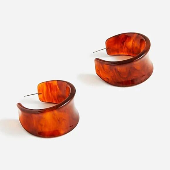 J. Crew Chunky Concave Hoop Earrings Warm Sepia Tortoise NWT Italian - Picture 5 of 9